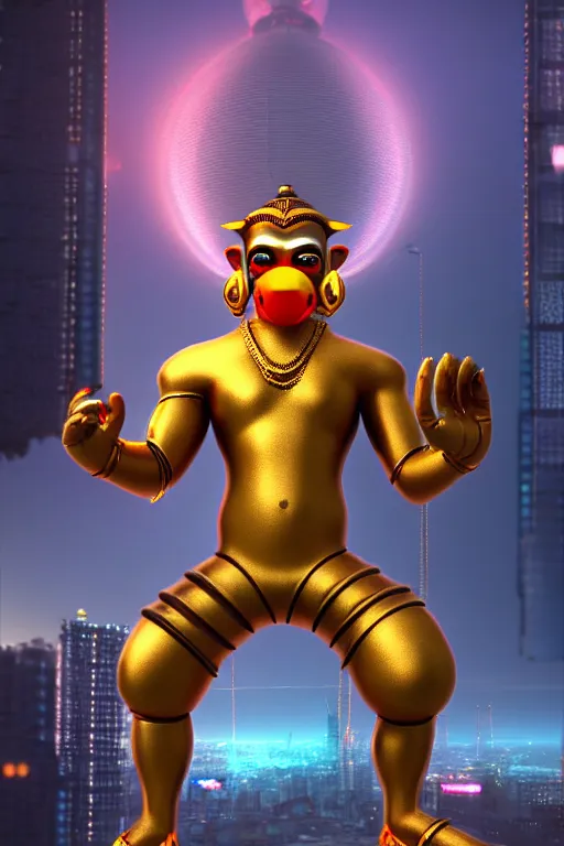 Image similar to high quality 3 d render cute cyborg hanuman! with gold nose piercings, highly detailed, cyberpunk mumbai in the background, unreal engine cinematic smooth, in the style of solaris & detective pikachu, hannah yata charlie immer, moody light, low angle, uhd 8 k, sharp focus