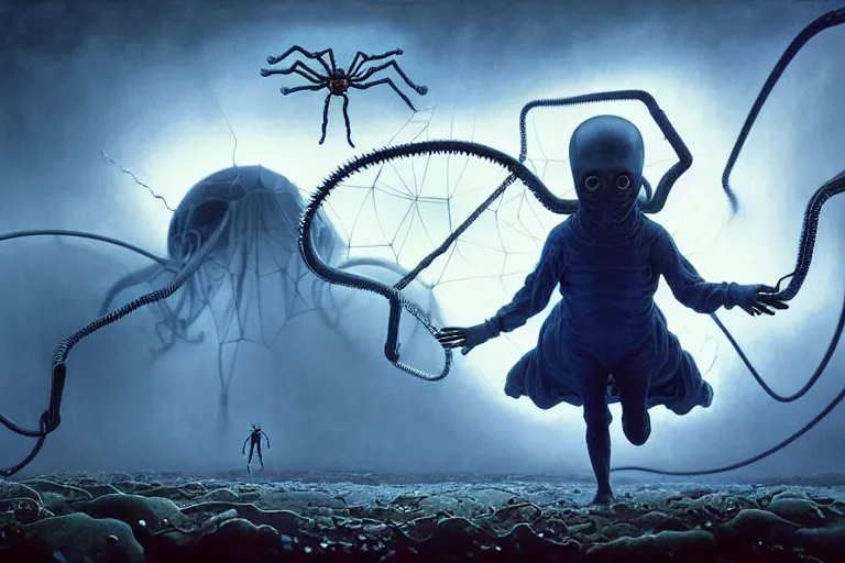 Prompt: realistic detailed photorealistic film portrait shot of a ghost kid playing with giant spider, futuristic sci-fi landscape on background by Denis Villeneuve, Amano, Yves Tanguy, Alphonse Mucha, Ernst Haeckel, Max Ernst, Andrei Tarkovsky, Edward Robert Hughes, Roger Dean, necklace, dynamic pose, rich moody colours, wide angle, blue eyes