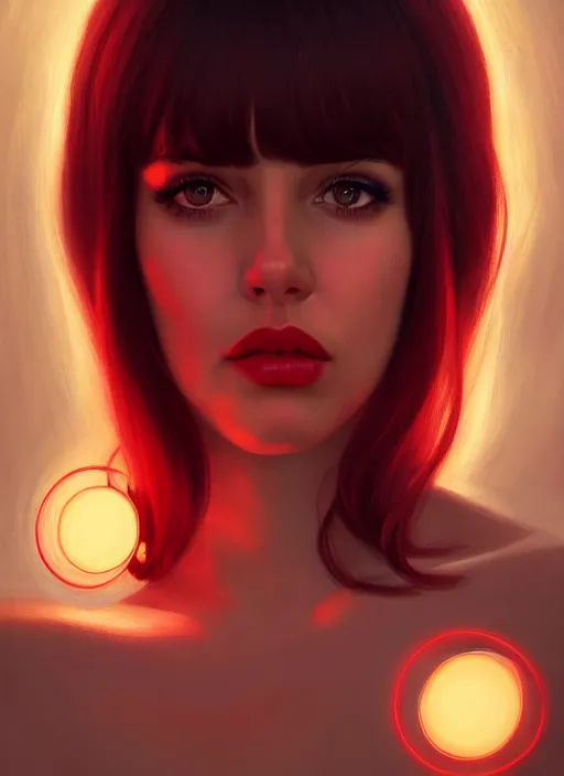 Prompt: portrait of lana rhodes with bangs, 1 9 6 0 s, long hair, red hairband, bangs, intricate, elegant, glowing lights, highly detailed, digital painting, artstation, concept art, smooth, sharp focus, illustration, art by wlop, mars ravelo and greg rutkowski