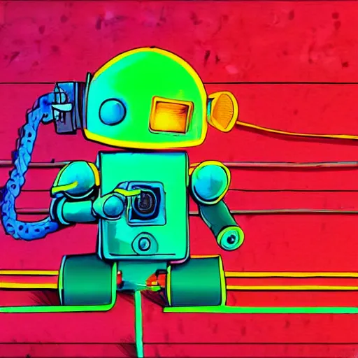 Image similar to robots need love too adorable cute cyberpunk street hustler mech-robot wearing walkman cyan and yellow colored paint oozing from mouth centre image cool street style relaxed pose Jamie Hewlett style moebius style pastel color style neon lights messy cables line drawing,