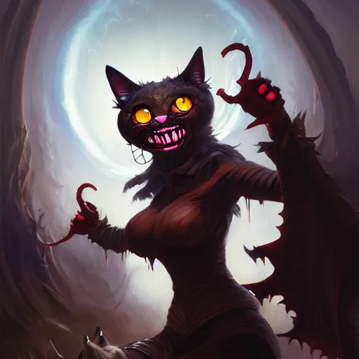 Prompt: Oil Painting of Cat Witch, Anthropomorphized, evil grin , magic the gathering artwork, horror, D&D, fantasy, cinematic lighting, centered, symmetrical, highly detailed, digital painting, artstation, concept art, smooth, sharp focus, illustration, volumetric lighting, epic Composition, 8k, art by Akihiko Yoshida and Greg Rutkowski and Craig Mullins, oil painting, cgsociety