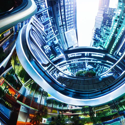 Prompt: a futuristic cybercity, fish-eye lens