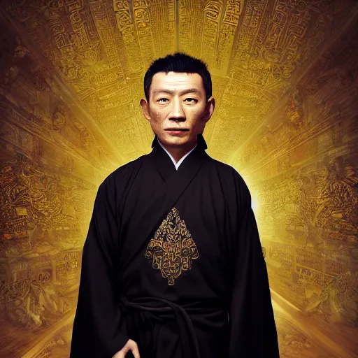 Prompt: portrait painting of a 3 5 - year - old chinese man, taoist priest, dressed in taoist robe, like andy lau, immortal bone, affable ， wenjun lin, unreal engine 5 highly rendered, global illumination, radiant light, detailed and intricate environment