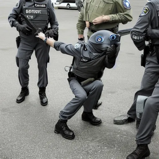 Image similar to extraterrestrial zeta reticulan grey alien, being arrested by spetsnaz