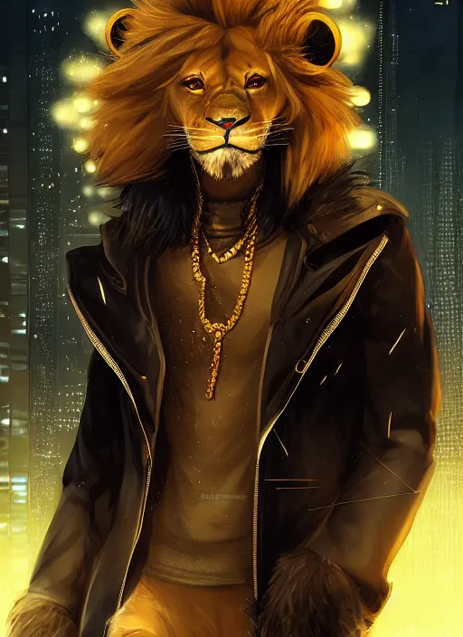 Image similar to award winning beautiful portrait commission of a male furry anthro lion fursona with a tail and a cute beautiful attractive detailed furry face wearing stylish black and gold cyberpunk clothes in a cyberpunk city at night while it rains. Character design by charlie bowater, ross tran, artgerm, and makoto shinkai, detailed, inked, western comic book art