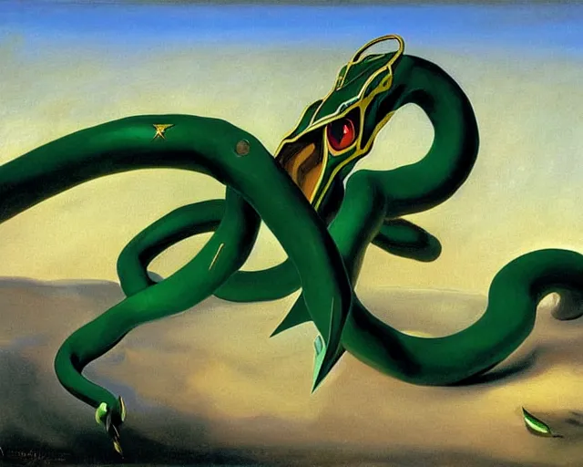 Prompt: painting of Rayquaza by John Singer Sargent, Magritte, Salvador Dali, Magritte, Salvador Dali, and John Singer Sargent