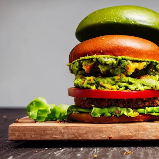 Image similar to vegan hamburger with guacamole topping crispy fried onion topping and fried egg topping, crispy buns, side view, 3 toppings, 8 k resolution, studio lighting, sharp focus, hyper - detailed