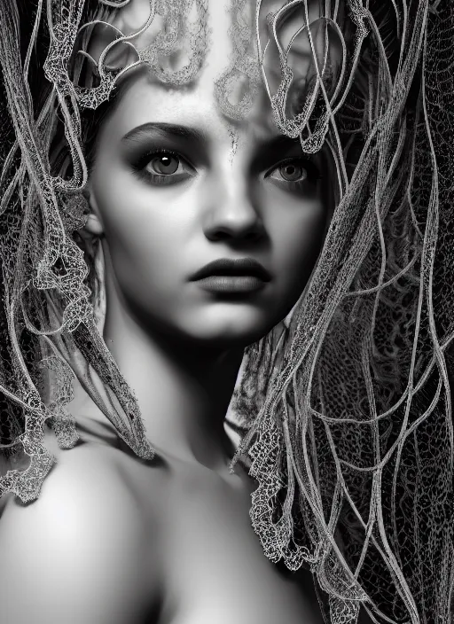 Prompt: surreal mythical dreamy dark artistic black and white fine art photo of a beautiful young female medusa - cyborg covered with lace fish scales and translucent algae, highly detailed, intricate crystal ivy jelly fish scales ornate, lace web, poetic, octane render, 8 k, photo - realistic