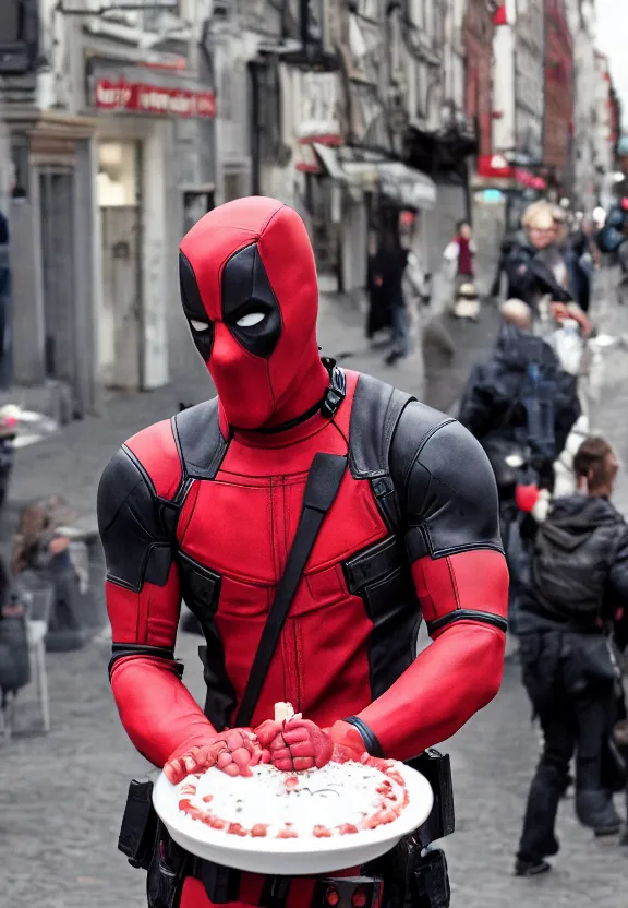 Prompt: still film, deadpool holding a birthday cake, on a street in bergen norway, candles in his head, high resolution