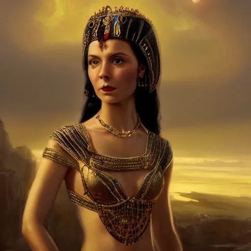 Image similar to closeup portrait of a young vivian leigh as cleopatra, palace background, dramatic light, gorgeous view, depth, high detail, digital art, painted by greg rutkowski, trending on artstation