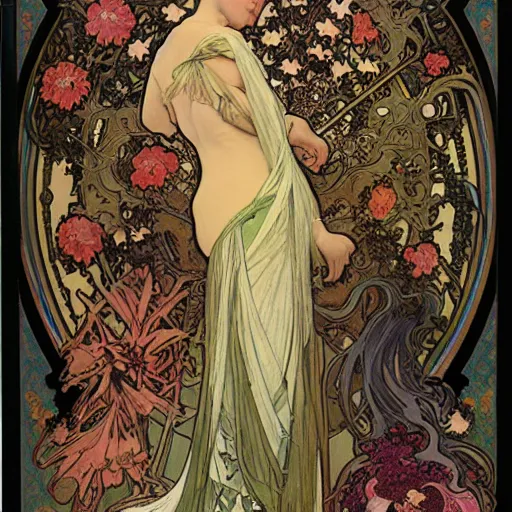 Image similar to persephone as goddess of death and flowers, evil, painted by alphonse mucha