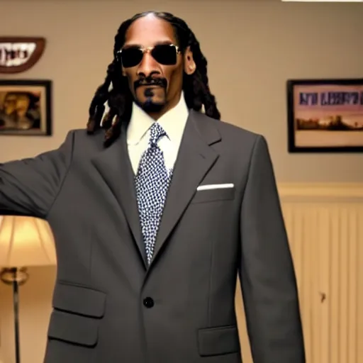 Image similar to a movie still of snoop dogg as michael scott from the office, dynamic lighting, smiling, 8 k, wearing a suit and tie, 2 0 2 2 picture of the year