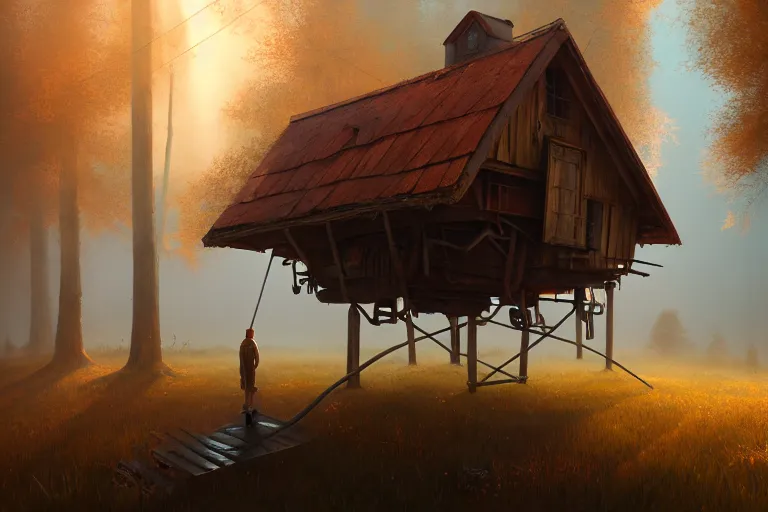 Prompt: a wood house walking with two mechanical legs, rust, hyperrealistic, highly detailed, cinematic, single ray of sun, fog, beautiful, cgssociety, artstation, 8 k, oil painting