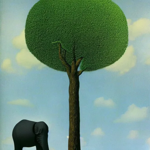 Image similar to tree elephant hybrid, the metaphor for life, by rene magritte