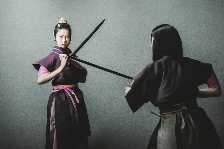 Image similar to beautiful photo of a young female samurai, practising sword stances, symmetrical face, beautiful eyes, huge oversized anime sword, award winning photo, muted pastels, action photography, 1 / 1 2 5 shutter speed, dramatic lighting