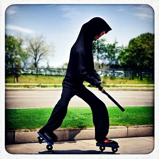 Image similar to “ grim reaper on roller blades. action shot. 4 k photo ”