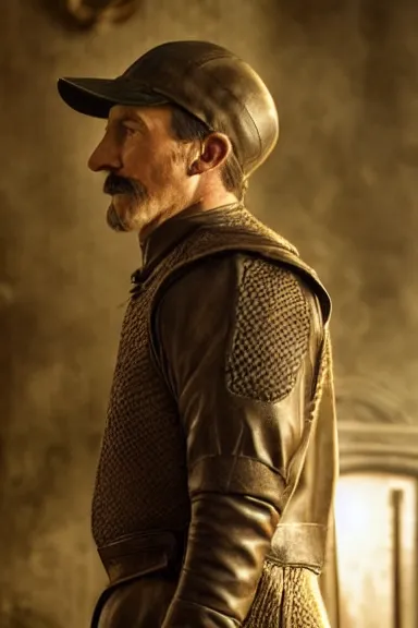 Image similar to very very intricate photorealistic photo of a realistic human version of luigi wearing his hat in an episode of game of thrones, photo is in focus with detailed atmospheric lighting, award - winning details