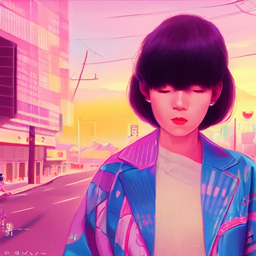 Image similar to 1 9 8 0 s japanese girl in a city pop city, hyper detailed, 8 k, trending, in artstation, digital painting, studio quality, cryengine, character design, smooth, sharp focus