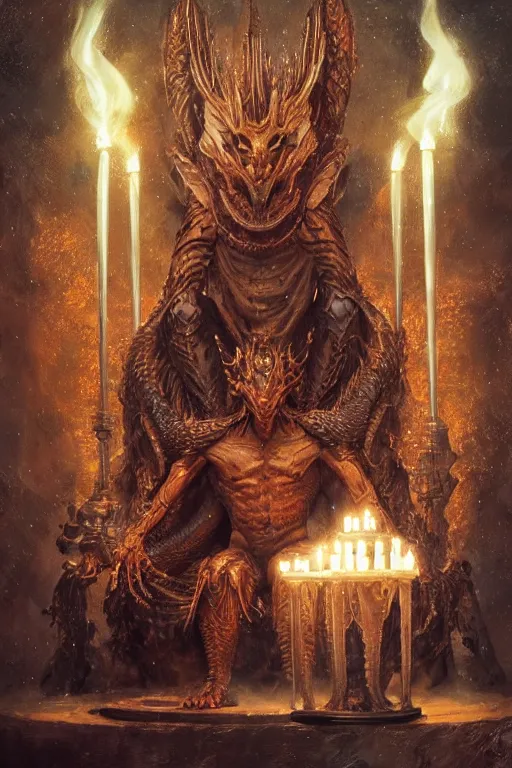 Image similar to a humanoid dragon king sits on a throne by greg rutkowski, magic realism, hyper realistic, 2 0 0 mm lens, candlelight