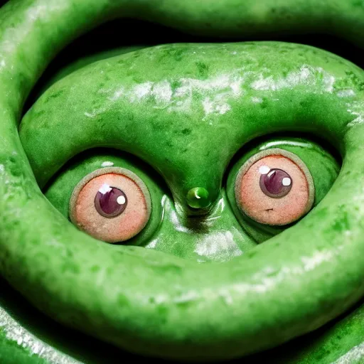 Prompt: Green Sausage with eyes and fangs