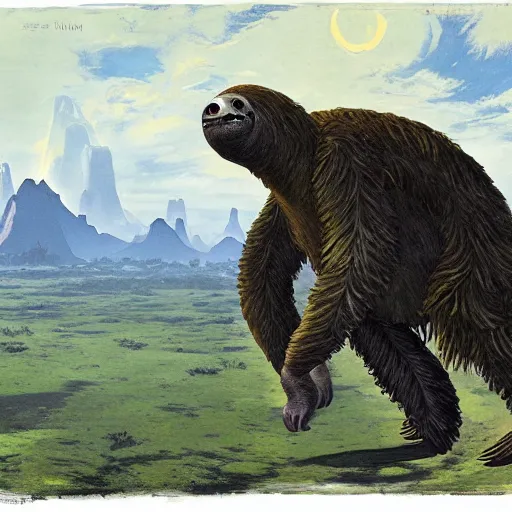 Prompt: A giant Weresloth prowling the savannahs of Pangea, by Philipp A Urlich and Isaac Levitan, early morning, Breath of the Wild