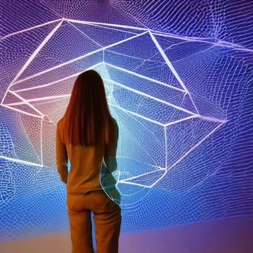 Prompt: Person using a holographic 3d mind map. User interface. Award-winning. UX/UI. User experience. Natural intuitive expressive. Multi-layered. Graspable. Easy. Complex.