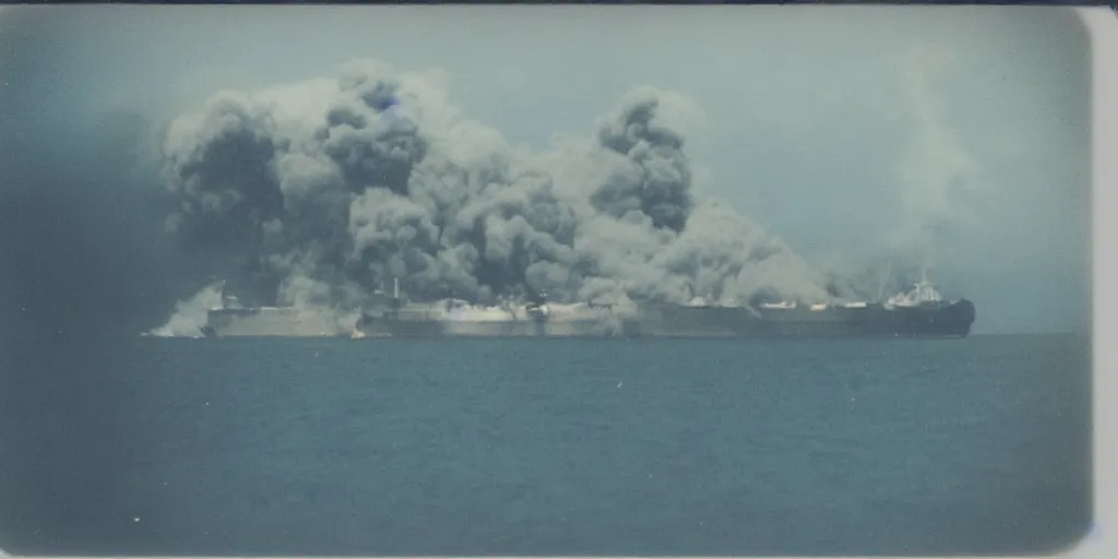 Image similar to polaroid photo of a sinking and burning ship, big smoke clouds coming from the ship, bright blue sky, slight color bleed