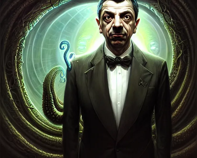 Image similar to lovecraft biopunk portrait of rowan sebastian atkinson, fractal background, cthulhu behind him, by tomasz alen kopera and peter mohrbacher