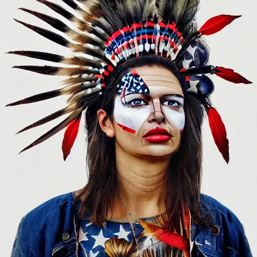 Prompt: a beautiful portrait sculpture designed by Sandra Chevrier, native american headdress, American stars and stripes on face, by Annie Leibovitz