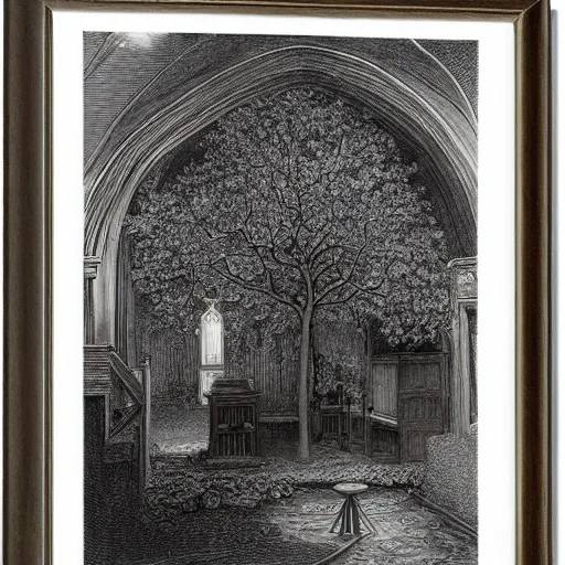 Image similar to roof piercing tree in a chapel, chanting monks, romanticism, by gustave dore, highly detailed