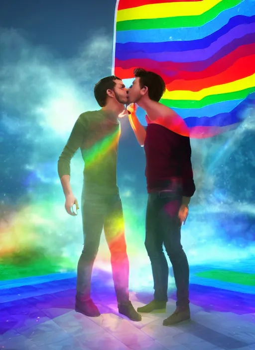 Image similar to two gay men kissing as rainbows explode their heads, oil painting !dream Madison Beer as a video game character, digital art, unreal engine, unreal engine render, blender render, render, 4k, coherent