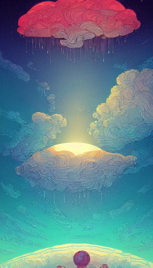 Image similar to little luminous jellyfishes floating on cosmic cloudscape at sunset, futurism, dan mumford, victo ngai, kilian eng, da vinci, josan gonzalez