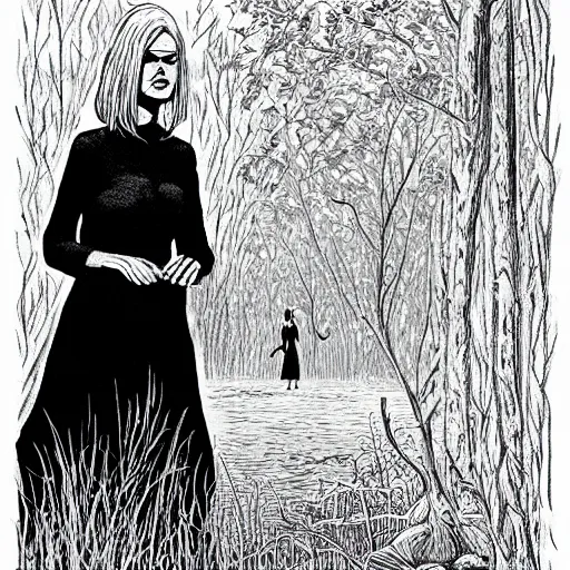 Image similar to tall slender woman with long grey hair in a black dress walking out of a swamp, highly detailed, digitally painting, elaborate, by ec comics,