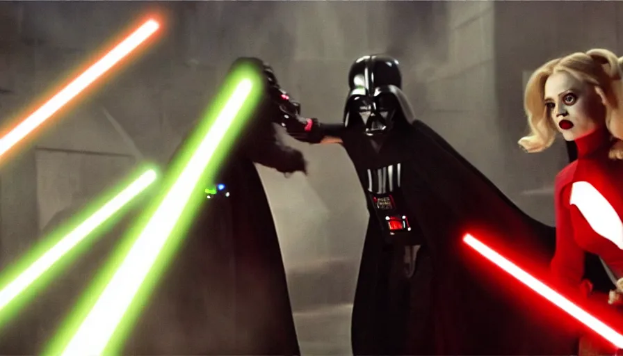 Image similar to cinematic shot of darth vader fighting harley quinn with a lightsaber, movie sequence from the original star wars