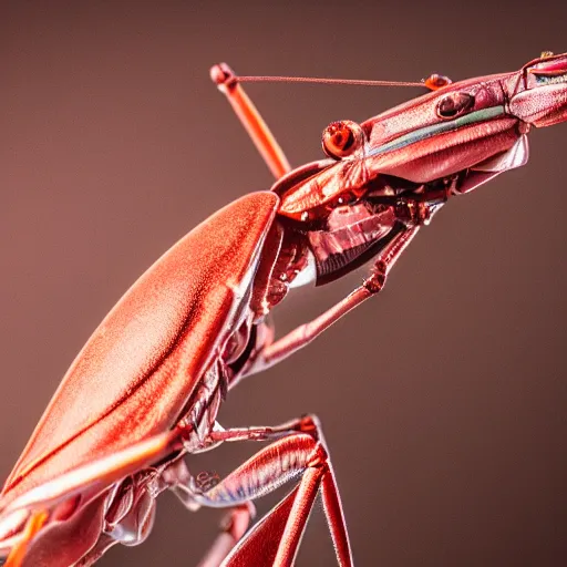 Prompt: Macro photography of a robot mantis in the wild, 88m Sigma f/1.4, dramatic lighting, closeup, detail shot