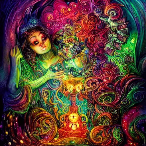 Prompt: Nightmare Monsters radiant Josephine Wall surrealism radiant retro glowing neon