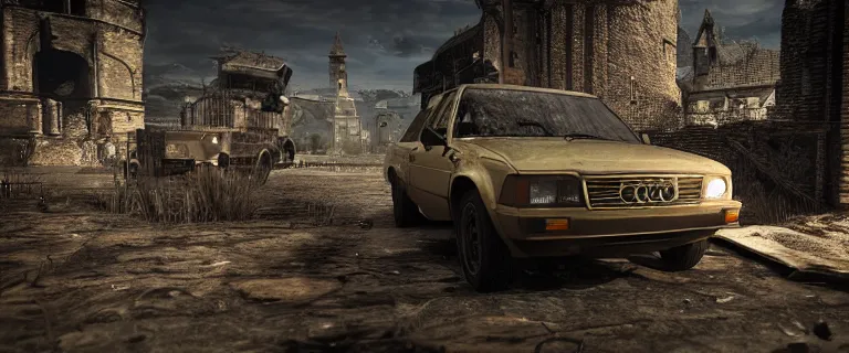 Image similar to Armored and Armed Military Audi 80 B3 Avant (1988) with a mounted M249 with soldiers on, Dark Souls 3, Eldritch Horrors, Wretched and Corrupted Knights, Battle, Fight, gunshots fired, a grim fantasy, Anor Londo, dramatic lighting, cinematic, establishing shot, extremely high detail, photorealistic, cinematic lighting, artstation, by simon stalenhag