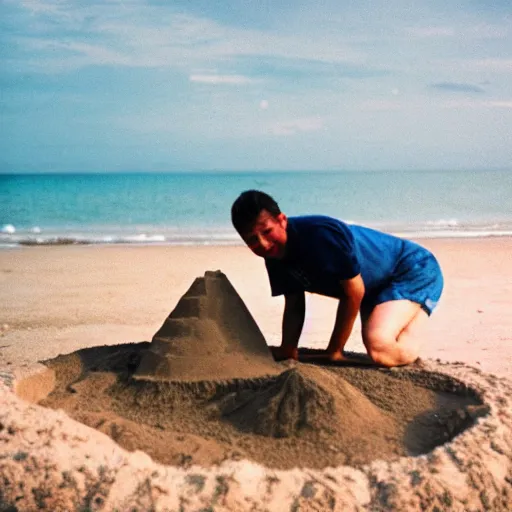 Image similar to a photo of cat making a sand castle on the beach, cinestill, 8 0 0 t, 3 5 mm, full - hd