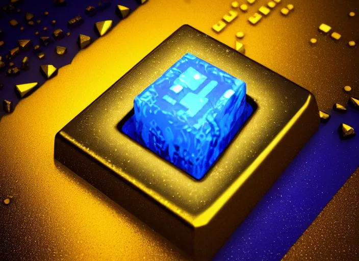 Prompt: flat square magic golden computer chip with runes and a glowing blue crystal in the center, mana flowing around it, flat and dark background, product photo, macro, dynamic composition, hyperrealism, octane render, trending on artstation, unreal engine 5, 4 k, 8 k