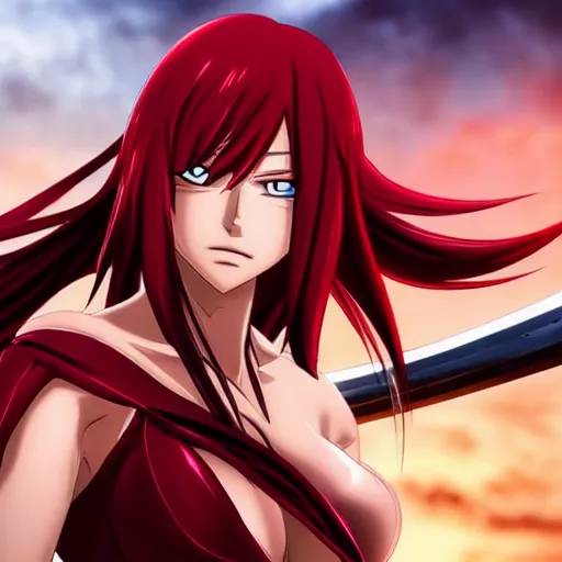 Prompt: erza scarlet fighting with a sword, extreme detailed face and body, high quality, moody lighting, fast paced lines, sharp quality, enchanting, 8 k