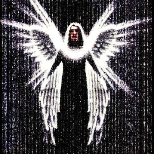 Prompt: vhs static overlay of angel apparition, vhs, 1 9 9 0, beautiful, highly realistic, highly detailed, vhs noise static, black and white, vhs glitch