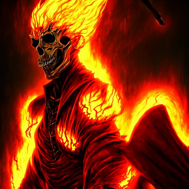 Image similar to Ghost Rider, flaming grim reaper, demons of hell, the pits of hell, headshot photo, character concept, dark souls concept art, Feng Zhu concept art, dramatic lighting, highly stylized, trending on artstation, high-quality wallpaper, desktopography