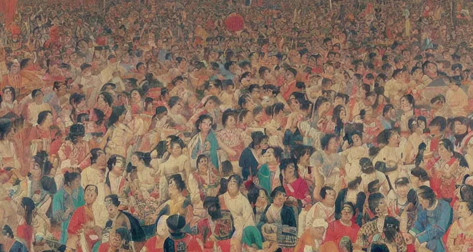 Prompt: an ancient painting of a high angle shot of a crowd watching a concert at Coachella, traditional painting by Su Hanchen and Qiu Ying