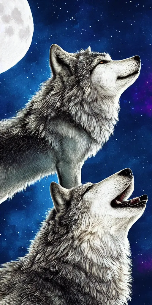 Image similar to close up portrait of a howling wolf in front of the full big moon, fantasy digital art, high definition, 8k, high details, high quality, golden and silver colors, glowing lights in the background