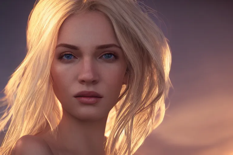Image similar to hyperrealistic portrait of stunningly beautiful blonde girl in a dawn light, trending on artstation,ultrawide angle, f8, polarizer , unreal engine