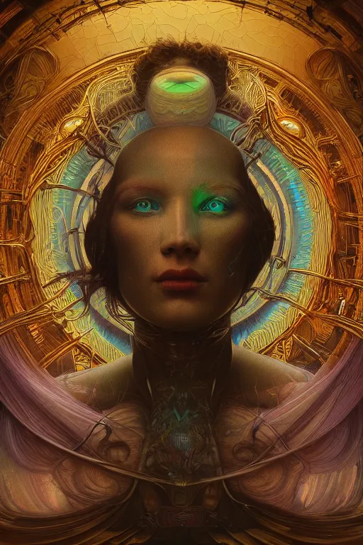 Prompt: ultrarealistic portrait of a cosmic deity, detailed digital matte painting, dark atmosphere, vivid color, rainbowshift, reflections, art nouveau, by h. r. giger and alphonse mucha, octane render, cgi