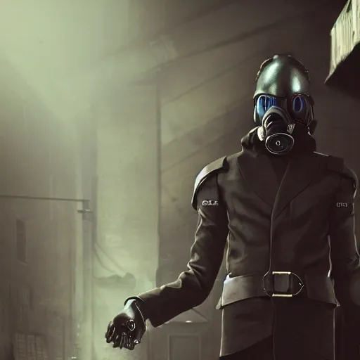 Prompt: hooden villain wearing a kamen rider gas mask, smoke coming out of his body and coat, dark background, in a dark alley, unreal engine 5, ultra realistic, detailed, fog, volumetric lighting, by greg rutkowski,