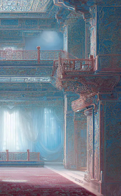 Image similar to vanishing point, palace covered with aqua blue roses like the forbidden city in distance at the red rose royal manor, viewed from afar, stephen bliss, misty, unreal engine, fantasy art by greg rutkowski, loish, ferdinand knab, and lois van rossdraws,, global illumination, radiant light, minimalist, detailed and intricate environment