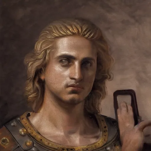 Image similar to A 17th century Baroque Painting of Alexander the Great, portrait of Alexander the Great, grainy, realistic, very realistic, hyperrealistic, highly detailed, very detailed, extremely detailed, very neat, very epic, very cool, detailed, trending on artstation