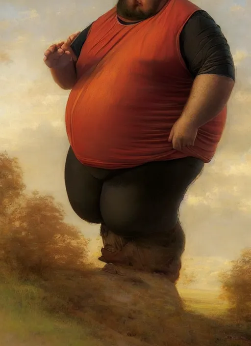 Prompt: A beautiful portrait of 400-pound obese GigaChad, digital art by Eugene de Blaas and Ross Tran, vibrant color scheme, highly detailed, in the style of romanticism, cinematic, artstation, Greg rutkowski